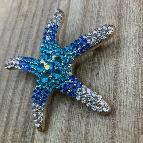 Starfish Ombre Blue Rhinestone Gold Tone Brooch Pin - Picture 3 of 8